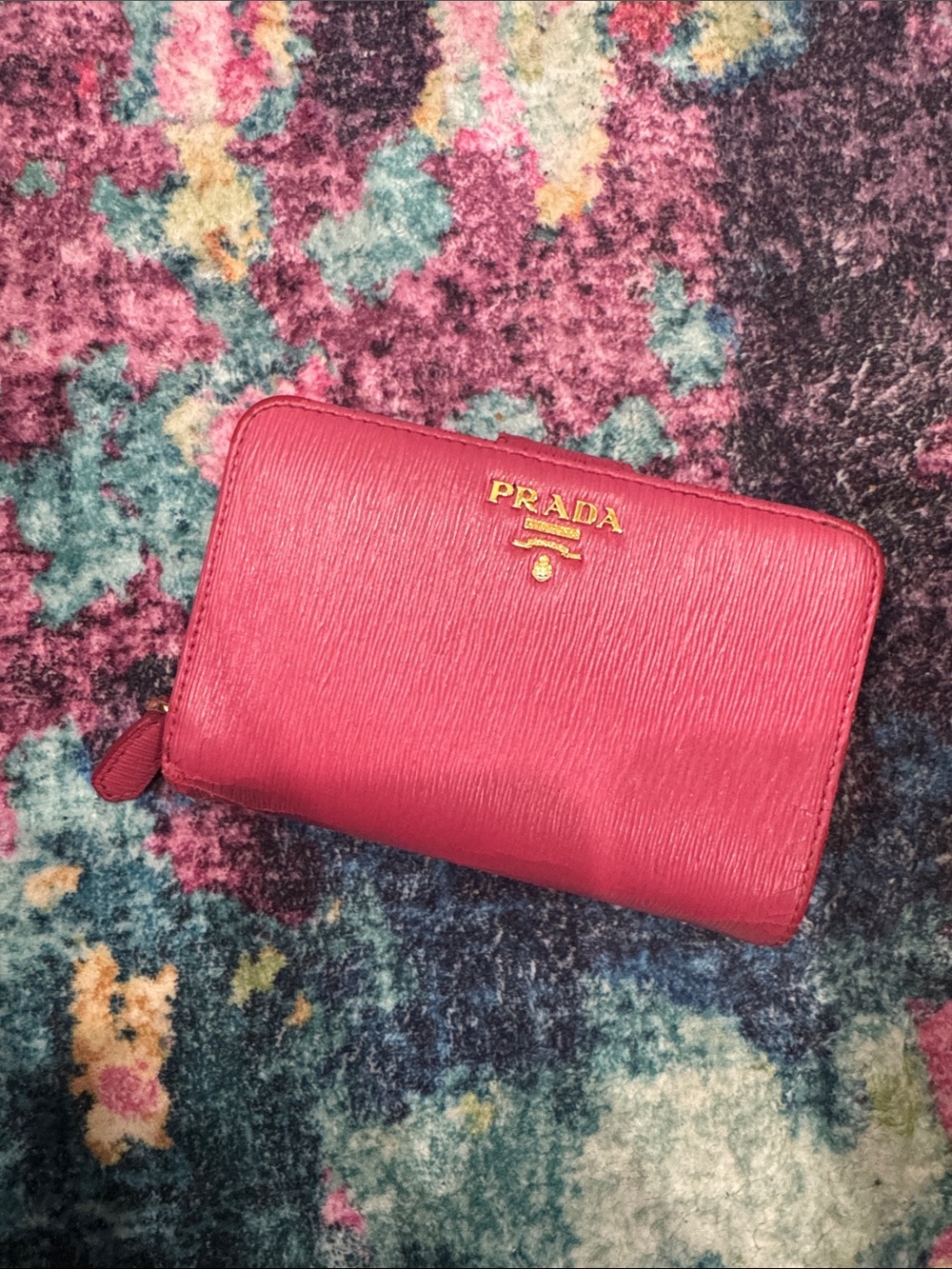 Prada Pink Textured Zip-Around Wallet with Gold Logo